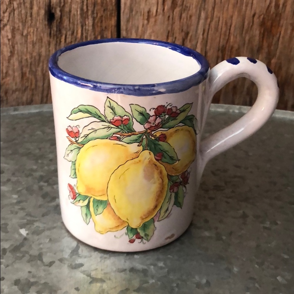 Vintage Glazed Lemon Mug with Blue Rim